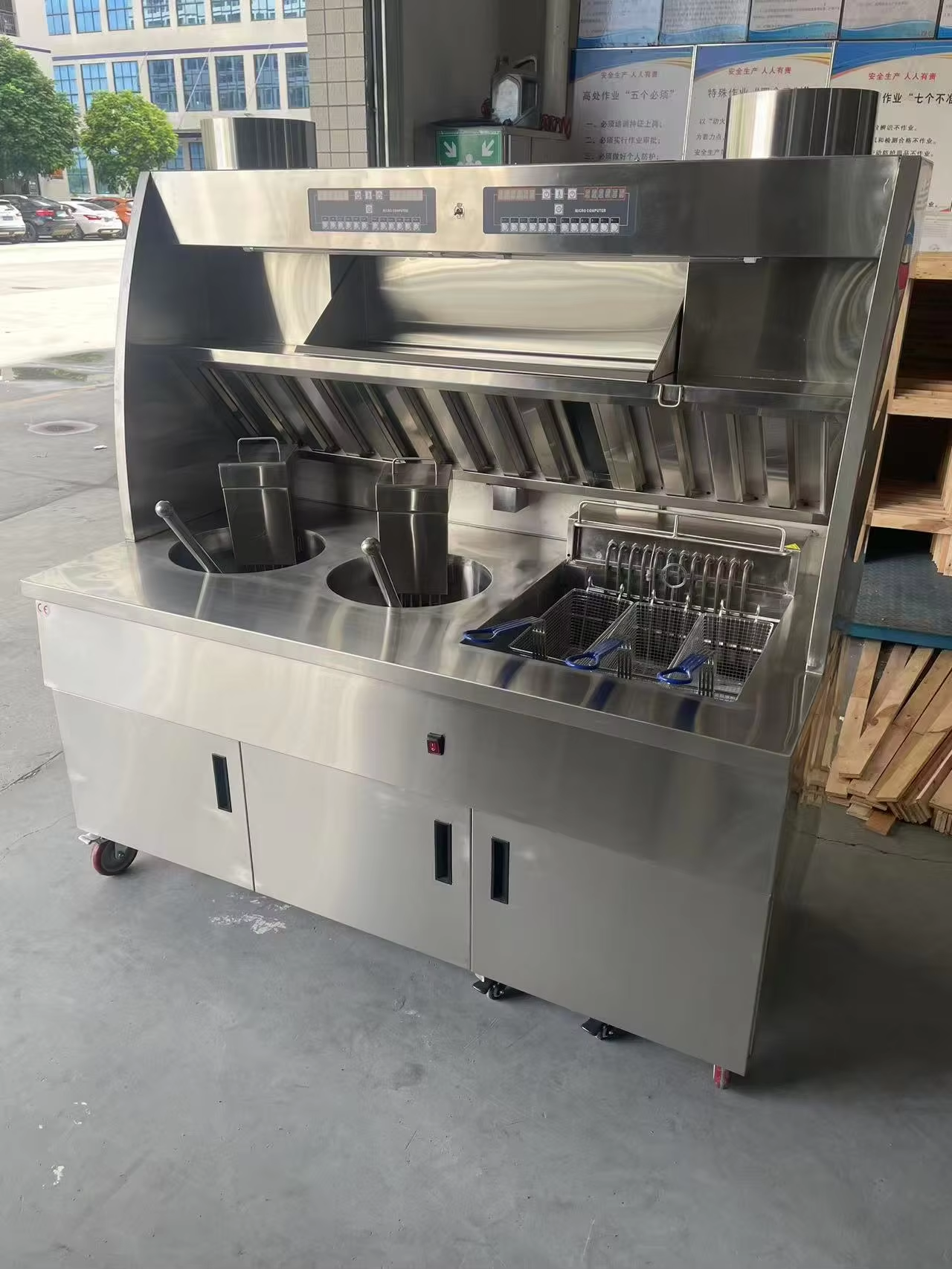 surri customized deep fryer french chip fryer with warmer and oil filter smoke hood